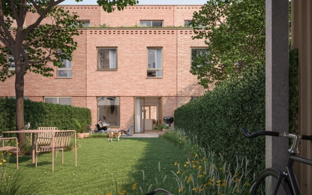 Een renderbeeld van een tuin van een woning in de eerste fase van Saffrou