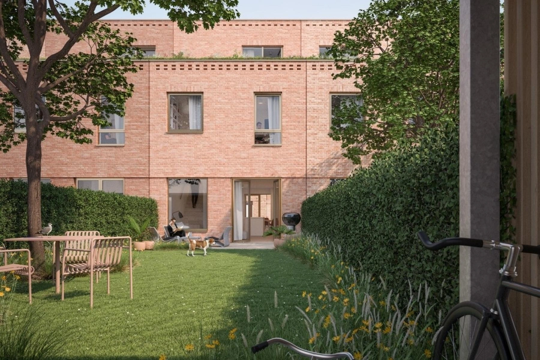 Een renderbeeld van een tuin van een woning in de eerste fase van Saffrou
