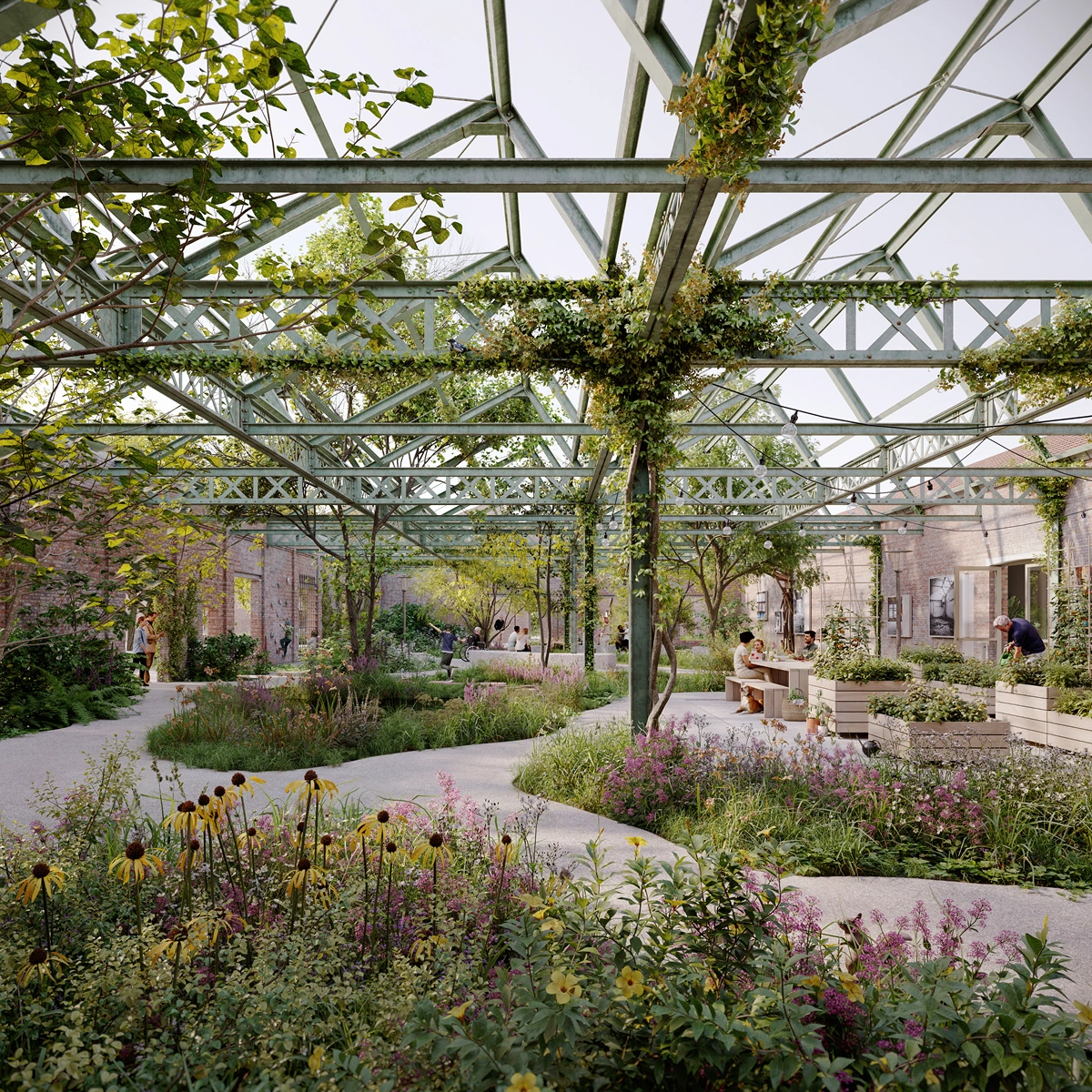 De collectieve moestuin en park in de centrale loods van Saffrou Oudenaarde