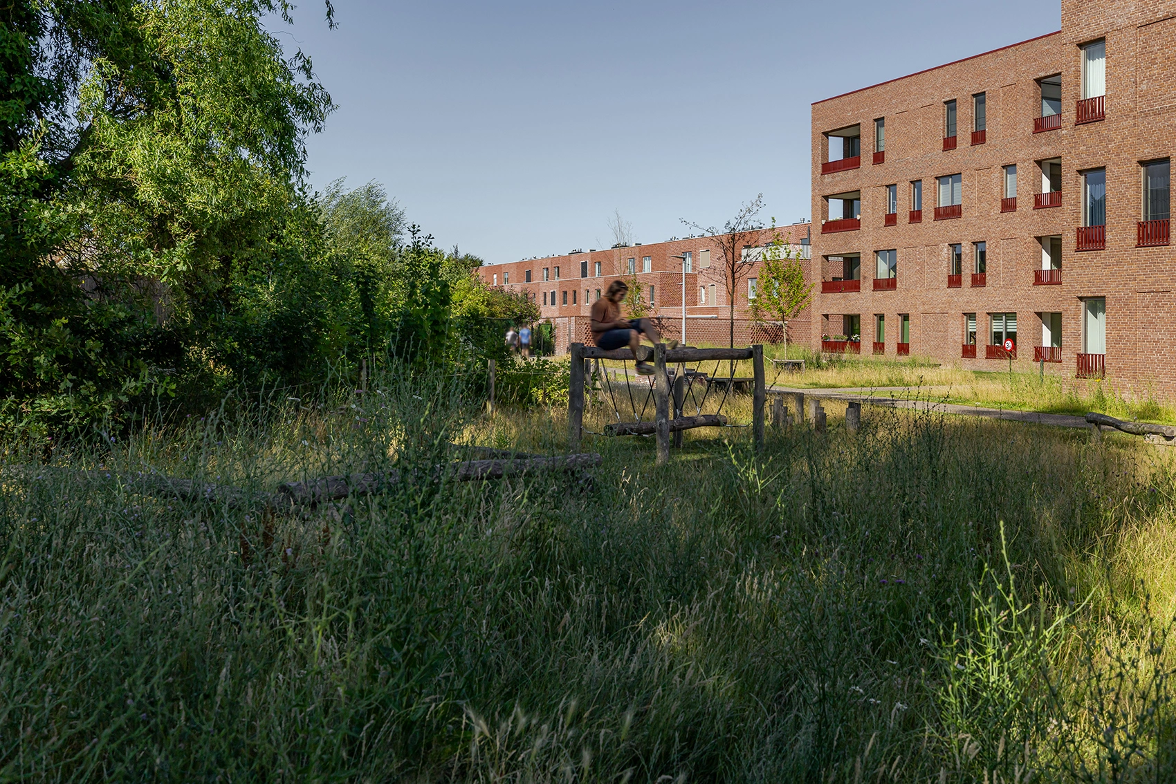 Het urban forest of groene park met speelelementen van Saffrou in Oudenaarde, met op de achtergrond appartementen en huizen van de eerste fase.